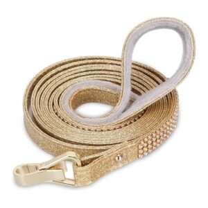 Premium Gold Faux Leather Dog Leash with Bling Rhinestones for Small to Medium Dogs