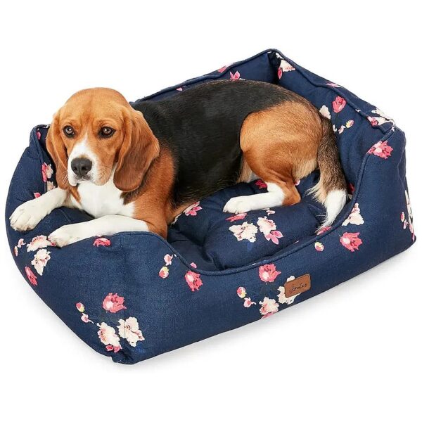 Premium Large Dog Bed with Navy Blue Floral Print and Reversible Inner Cushion