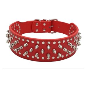 Premium Leather Red Dog Collar with Hand Set Rivets and Spikes for Large Breed Dogs