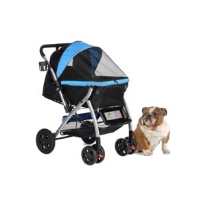 Premium Pet Travel Carriage with Pump-Free Rubber Tires and Reversible Handlebar Blue