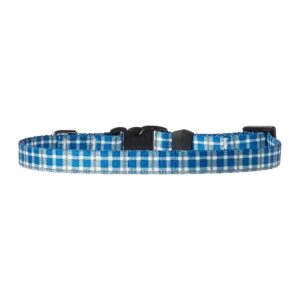 Preppy Plaid Blue Polyester Dog Collar for Medium Neck Sizes