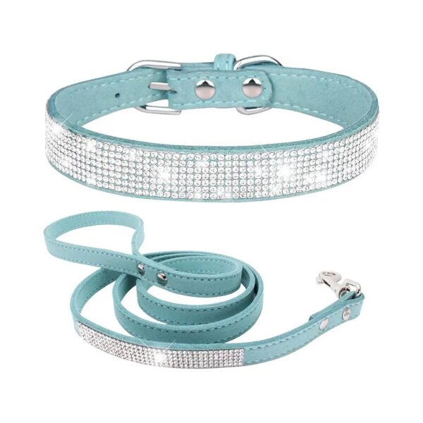 Pretty Jewel Teal Crystal Diamond Dog Collar and Leash Set for Small to Large Dogs