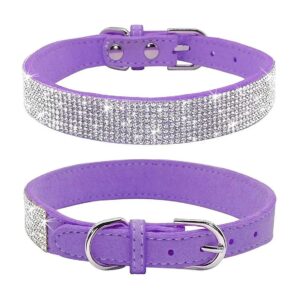 Pretty Purple Soft Suede Leather Dog Collars with Rhinestones for Small Medium Large Dogs