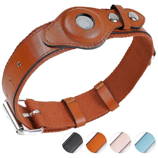 Protective PU Leather Airtag Dog Collar Holder for Small Medium and Large Dogs in Brown