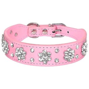 Pu Leather Dog Collar with Floral Pattern and Crystal Accents for Small to Medium Dogs