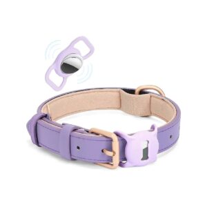 Purple Adjustable Faux Leather Dog Collar with Airtag Holder and Heavy Duty Buckle