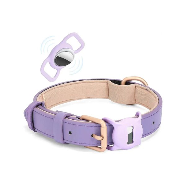 Purple Adjustable Faux Leather Dog Collar with Airtag Holder and Heavy Duty Buckle