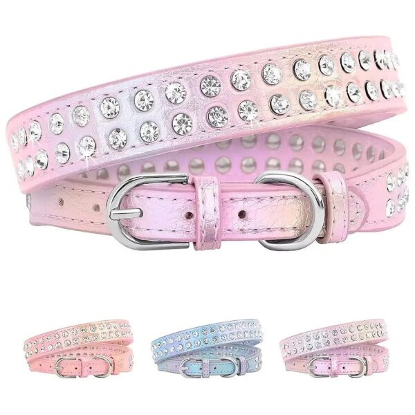 Purple Sparkling PU Leather Dog Collar with Alloy Rhinestones for Small to Medium Dogs