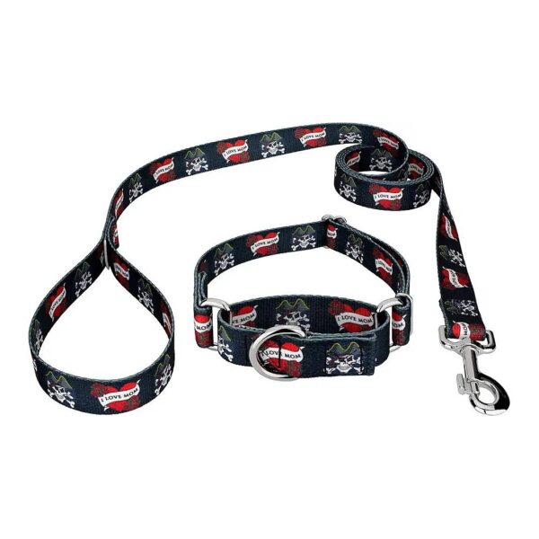 Quality Dog Collar and Leash Set with Martingale Style, I Love Mom Tattoos,