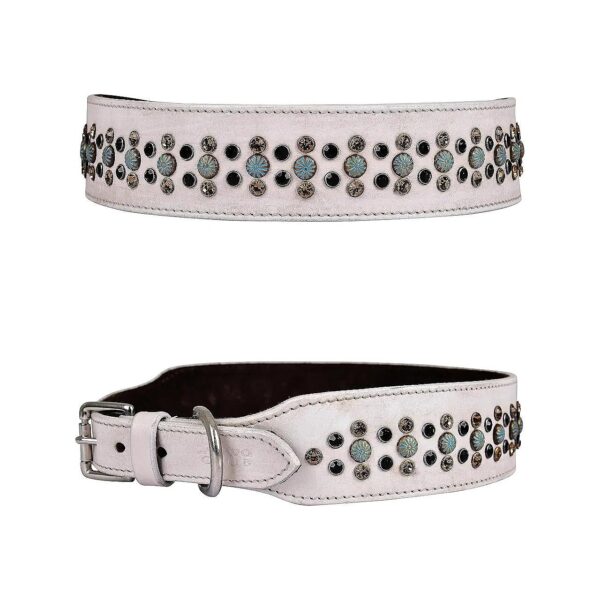 Quality White Dog Collar with Rhinestones and Conchos for Medium to XL Breeds