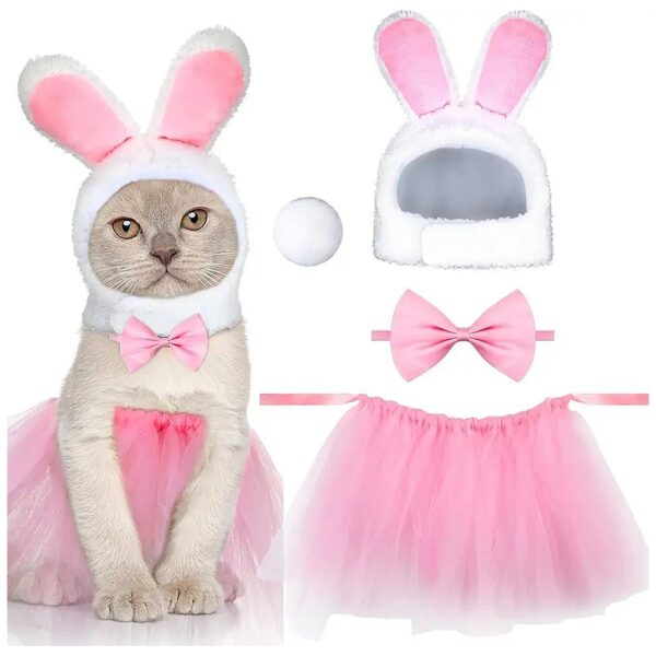 Rabbit Ears and Tail Bunny Costume Set with Pink Lace Skirt and Headband for Easter Party