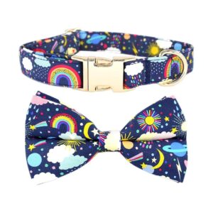 Rainbow Dog Collar with Detachable Handmade Bow and Adjustable Buckle for Small Dogs