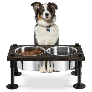 Raised Dog Bowl Stand for Large Dogs with 2 Stainless Steel Bowls and Rustic Brown Wood