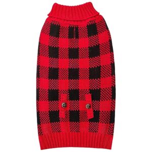 Red Buffalo Check Dog Sweater with Turtleneck and Leash Hole for Small Dogs