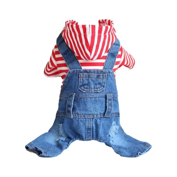 Red Denim Stripe Jumpsuit Dog Clothes with Comfortable Cotton Fabric and Machine Washable