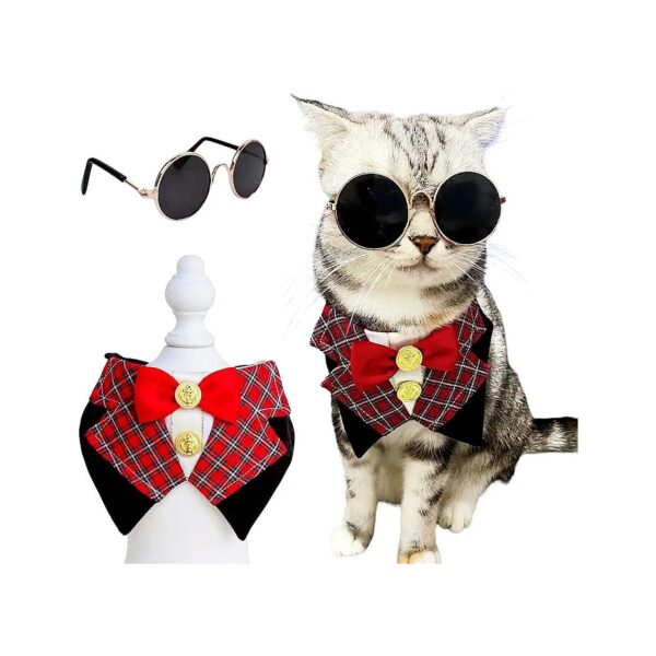 Red Formal Pet Collar with Adjustable Bow Tie and Sunglasses for Cats and Small Dogs