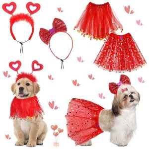 Red Heart Sequin Dog Headband with Collar and Tutu Skirt for Small to Medium Dogs