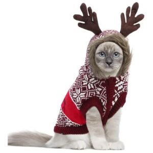 Red Holiday Reindeer Snowflake Knit Dog Sweater for Small Dogs and Cats with Leash Hole