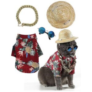 Red Large Hawaiian Dog Shirt with Sunglasses and Straw Hat Funny Cat Accessories