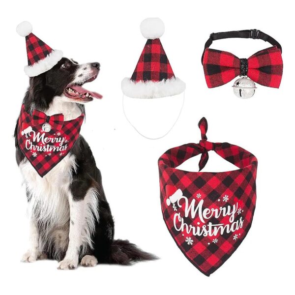 Red Plaid Christmas Dog Bandana Triangle Scarf with Hat and Bowtie for Large Pets