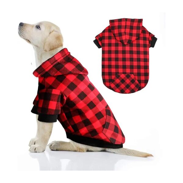 Red Plaid Dog Hoodie Sweater with Hat and Pocket for Large Dogs XL Size