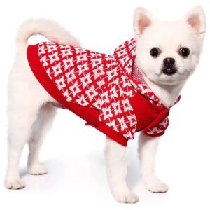 Red Plaid Dog Sweater for Small to Medium Size Dogs with Hat and Leash Hole