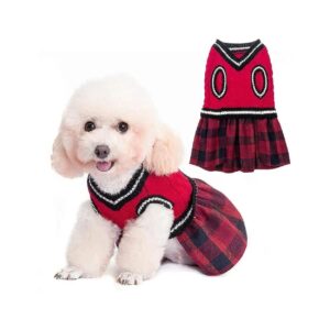 Red Plaid Knitwear Dog Sweater Dress with V-Neck and Leash Hole for Small and Medium Dogs