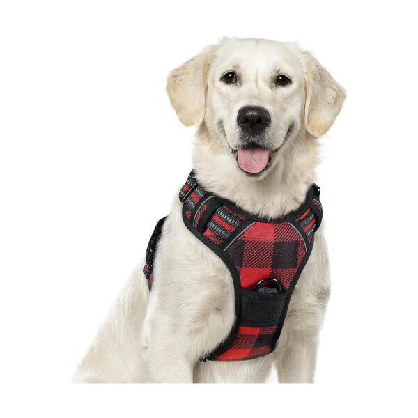 Red Plaid Large Dog Harness with 2 Leash Clips for Safer Walks and Casual Outings