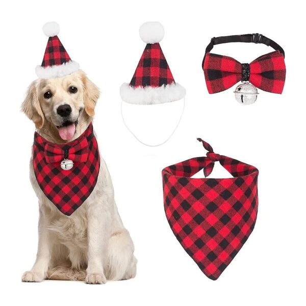 Red Plaid Pattern Christmas Dog Accessories Dog Bandana Hat and Bow Tie Set