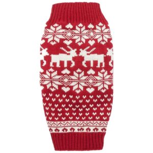 Red Reindeer Holiday Dog Sweater for Large Dogs Back Length 16-Inch