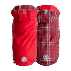 Red Reversible Raincoat for Dogs with Comfortable Adjustable Fit and Soft Plaid Design