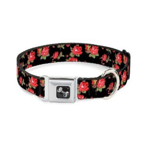 Red Roses Scattered Black Authentic Seatbelt Buckle Dog Collar for Medium to Large Breeds