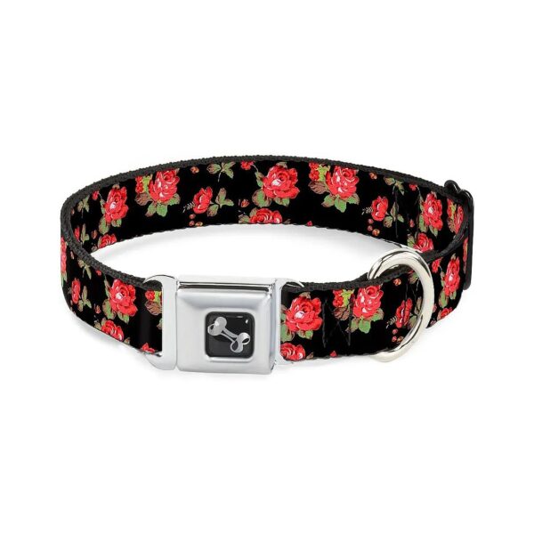 Red Roses Scattered Black Authentic Seatbelt Buckle Dog Collar for Medium to Large Breeds