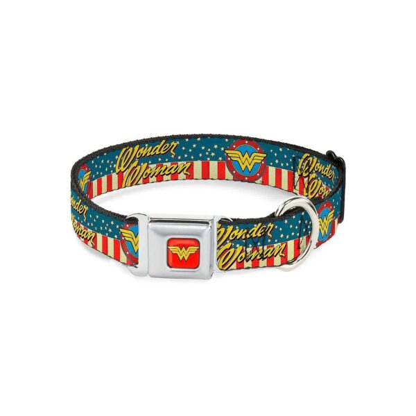 Red White Blue Yellow Multicolor Dog Collar with Seatbelt Buckle and Wonder Woman Logo