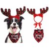 Red and Green Buffalo Plaid Dog Christmas Outfit with Antlers and Bell Headband