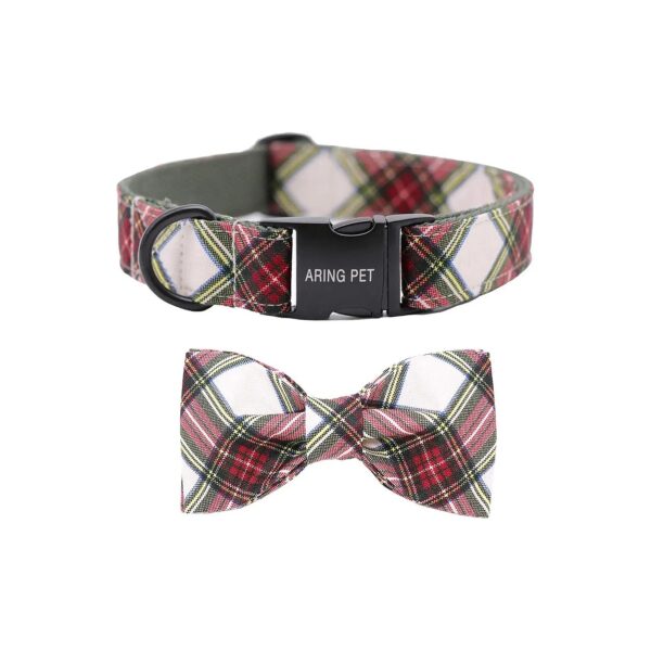 Red and Green Plaid Adjustable Dog Collar with Metal Buckle and Bowtie