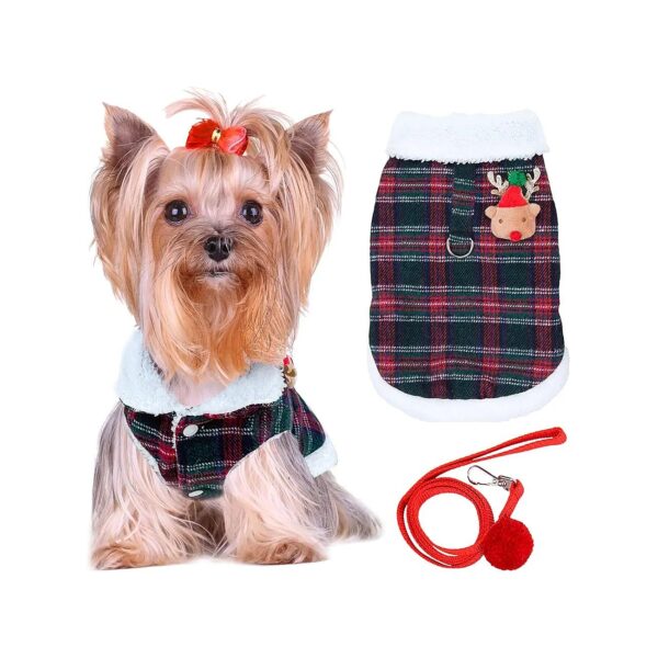 Red and Plaid Dog Winter Coat with Leash and Comfortable Fit