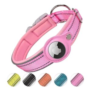 Reflective AirTag Dog Collar with AirTag Holder in Pink for Medium Breeds and Larger Dogs