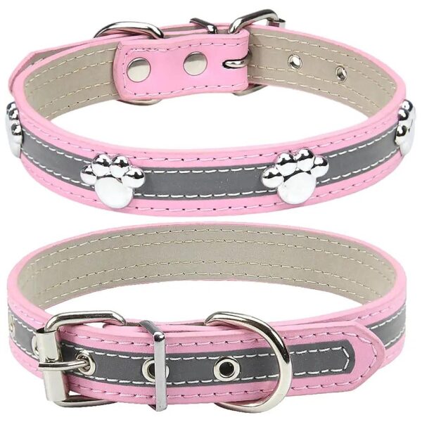 Reflective Soft PU Leather Dog Collars with Paw Rivets for Small Medium Large Dogs Cats