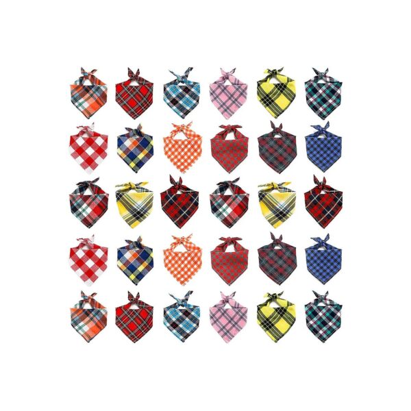 Reversible Soft Triangle Plaid Dog Bandanas 30 Pack Assorted Patterns Pet Scarves