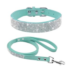 Rhinestone Embellished Adjustable Dog Collar Leash in Blue for Maximum Style