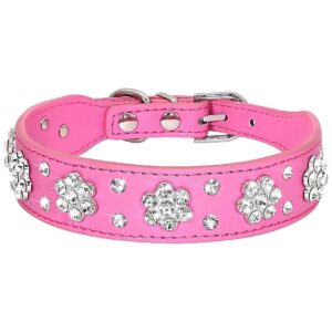 Rhinestone Flower Patterned Soft PU Leather Dog Collar for Small Medium Dogs Hot Pink