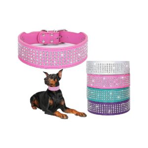 Rhinestone Studded 2'' Wide PU Leather Dog Collar for Medium and Large Dogs