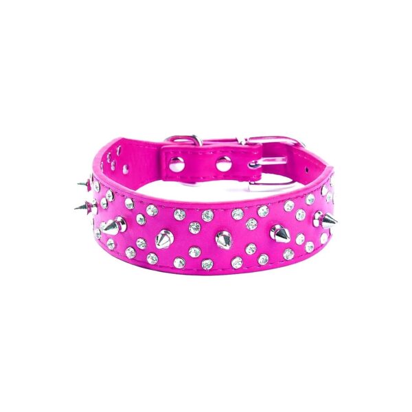 Rhinestone Studded PU Leather Dog Collar with Adjustable Size for Hot Pink Medium Dogs