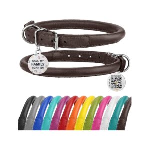 Rolled Leather Dog Collar Soft Round Brown 11-14 inch ID Tag for Small Medium Large Dogs