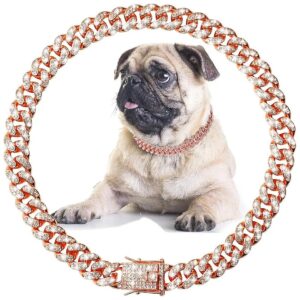 Rose Gold Dog Chain Collar with Diamond Cuban Collar Design for Small Medium Large Dogs