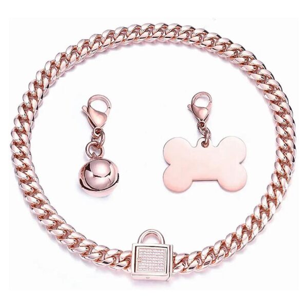 Rose Gold Stainless Steel Cuban Link Dog Collar for Small Medium Large Dogs