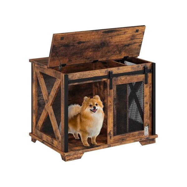 Rustic Brown Dog Crate Furniture with Sliding Barn Door and Movable