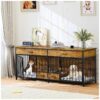 Rustic Brown Wooden Dog Crate with Storage and Feeder Bowls for Large Breed Dogs