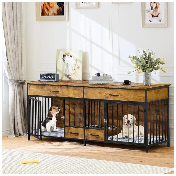 Rustic Brown Wooden Dog Crate with Storage and Feeder Bowls for Large Breed Dogs